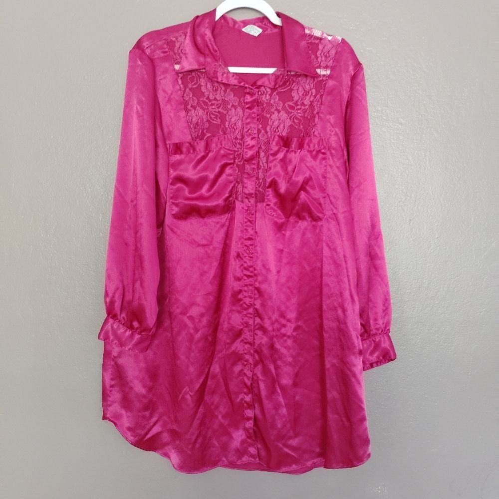 Val MODE Fushia Pink satin Shirt Dress Night Gown Vintage Lace Details M